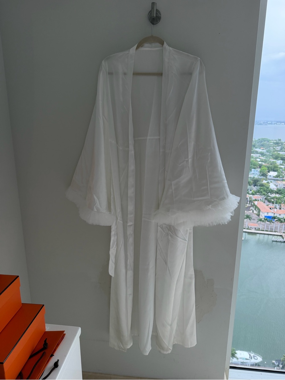 White Satin Bridal Robe with Feather Trim